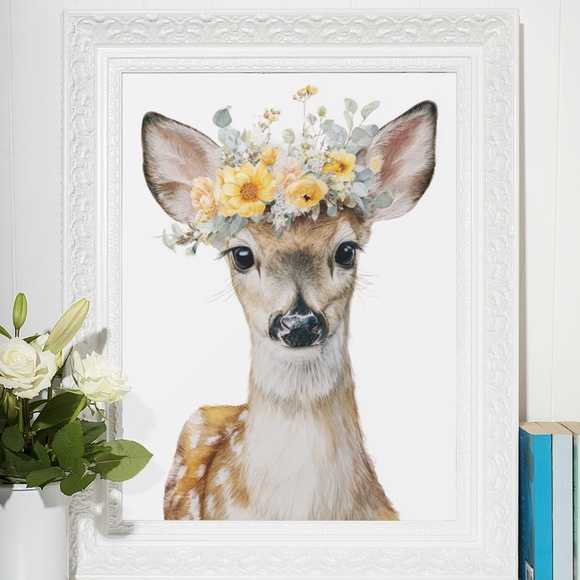 Watercolor Deer with Flower Wreath Illustration Wall Art Print Poster, Unframed - Picture 6 of 6